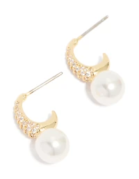 Gold Plated Cubic Zirconia & Pearl Small Pave Open Hoop Earrings