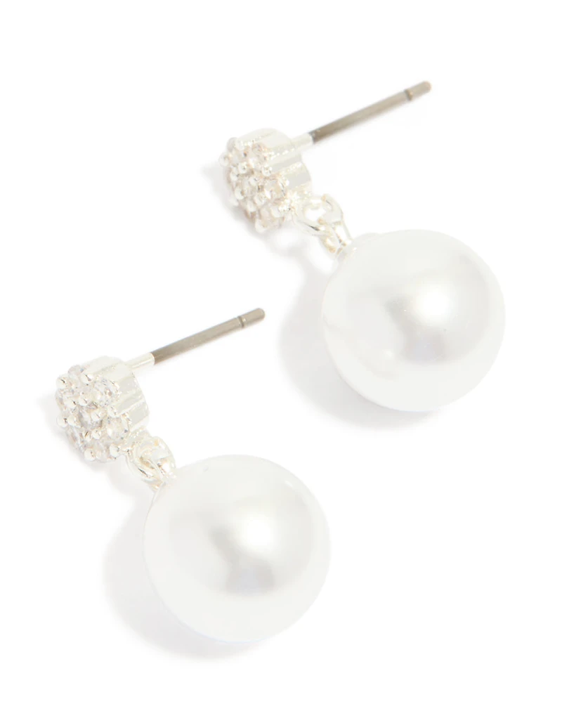 Silver Plated Small Round Cubic Zirconia & Pearl Drop Earrings