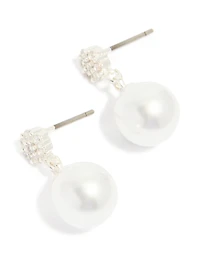 Silver Plated Small Round Cubic Zirconia & Pearl Drop Earrings