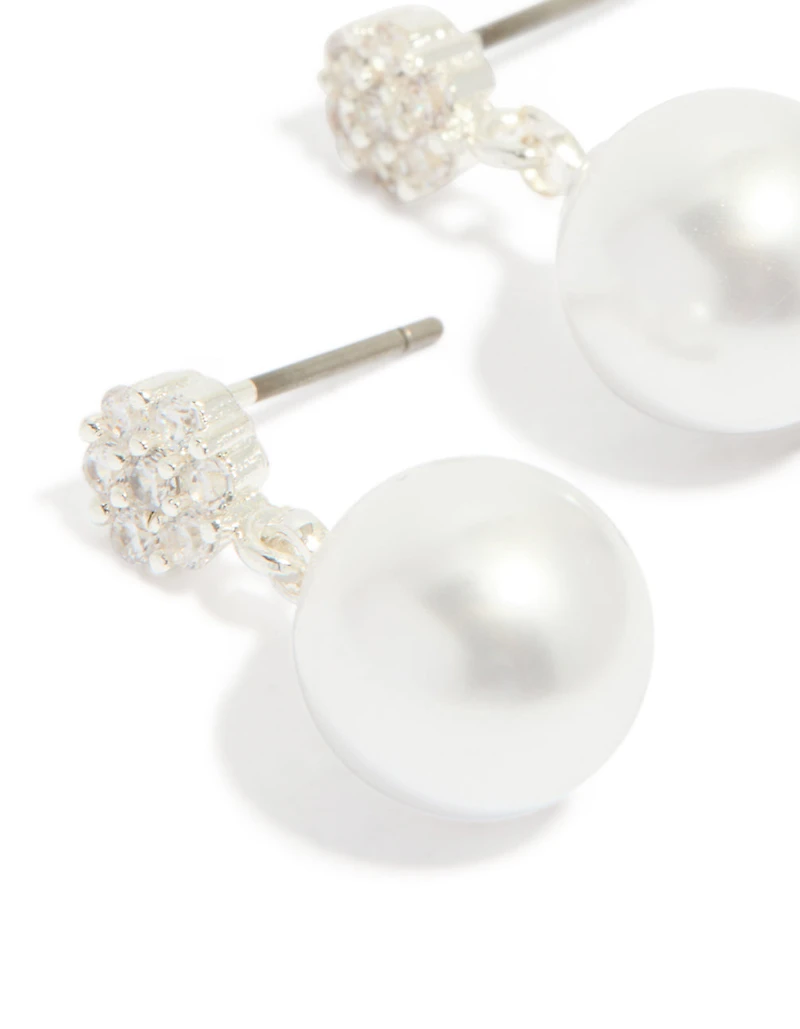 Silver Plated Small Round Cubic Zirconia & Pearl Drop Earrings