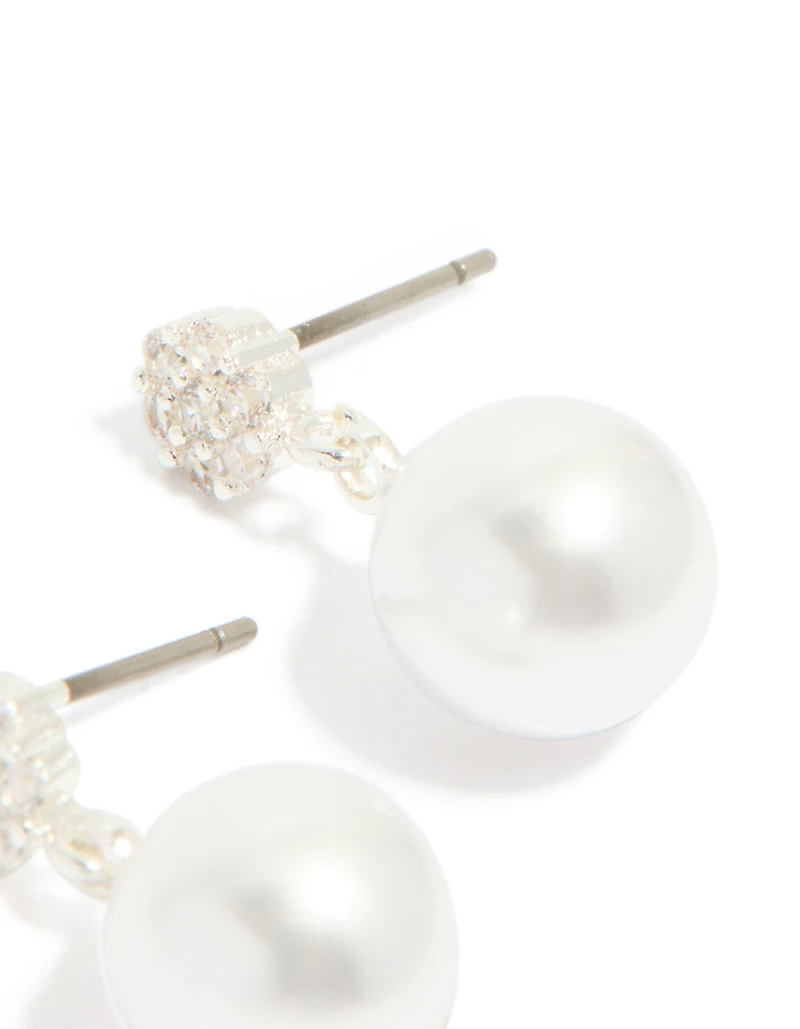 Silver Plated Small Round Cubic Zirconia & Pearl Drop Earrings