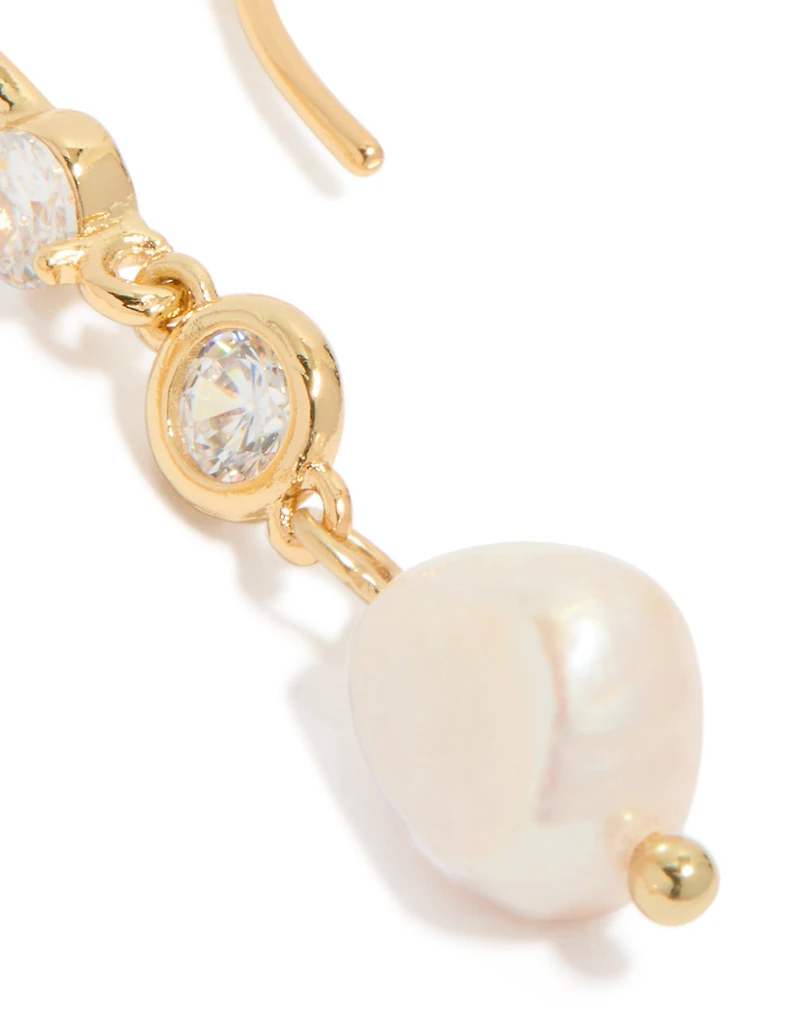 Gold Plated Cubic Zirconia & Freshwater Pearl Hook Earrings