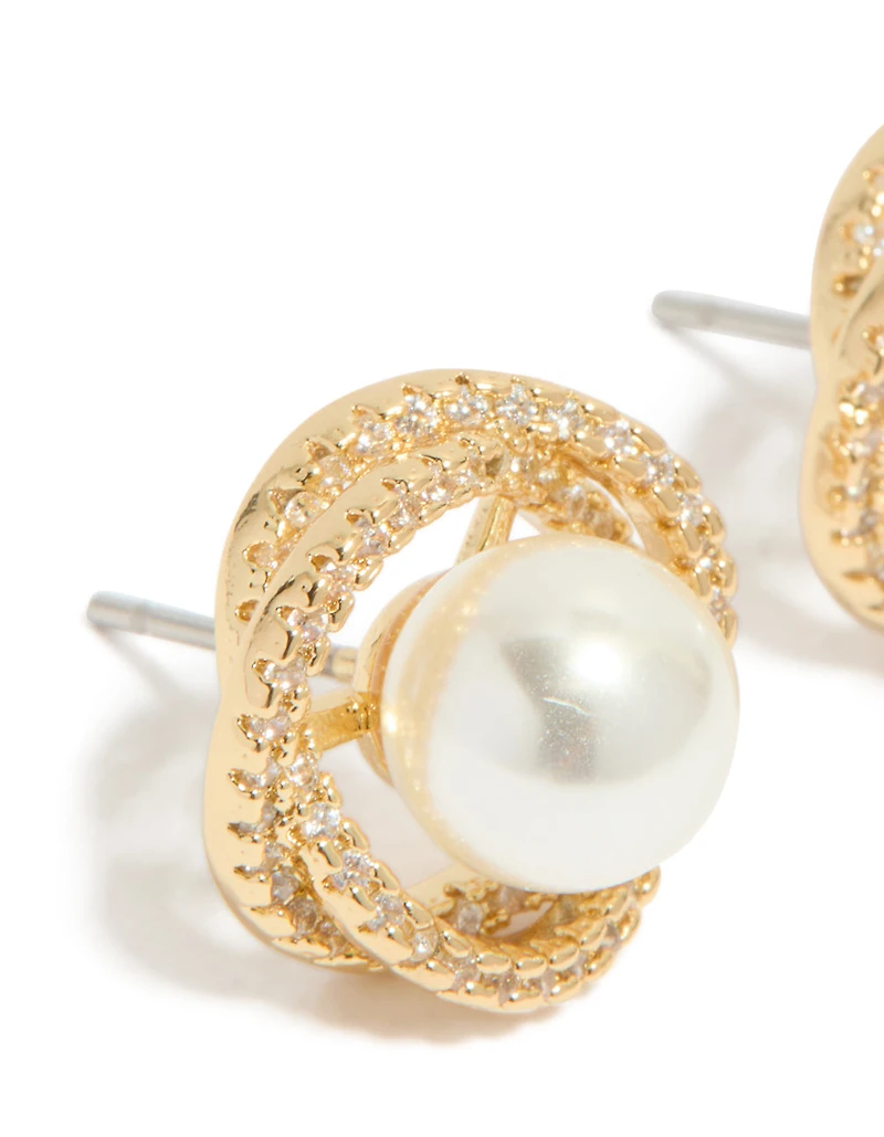 Gold Plated Cubic Zirconia & Pearl Twist Stud Earrings