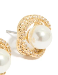 Gold Plated Cubic Zirconia & Pearl Twist Stud Earrings