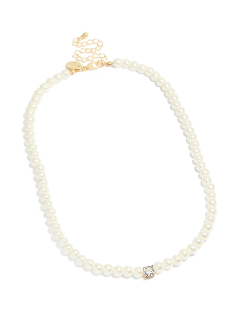 Gold Plated Pearl Inlay & Cubic Zirconia Necklace