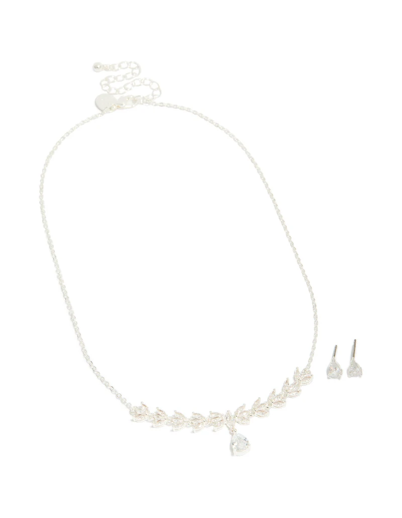 Silver Plated Cubic Zirconia Dainty Vine Drop Earrings & Necklace Jewellery Set