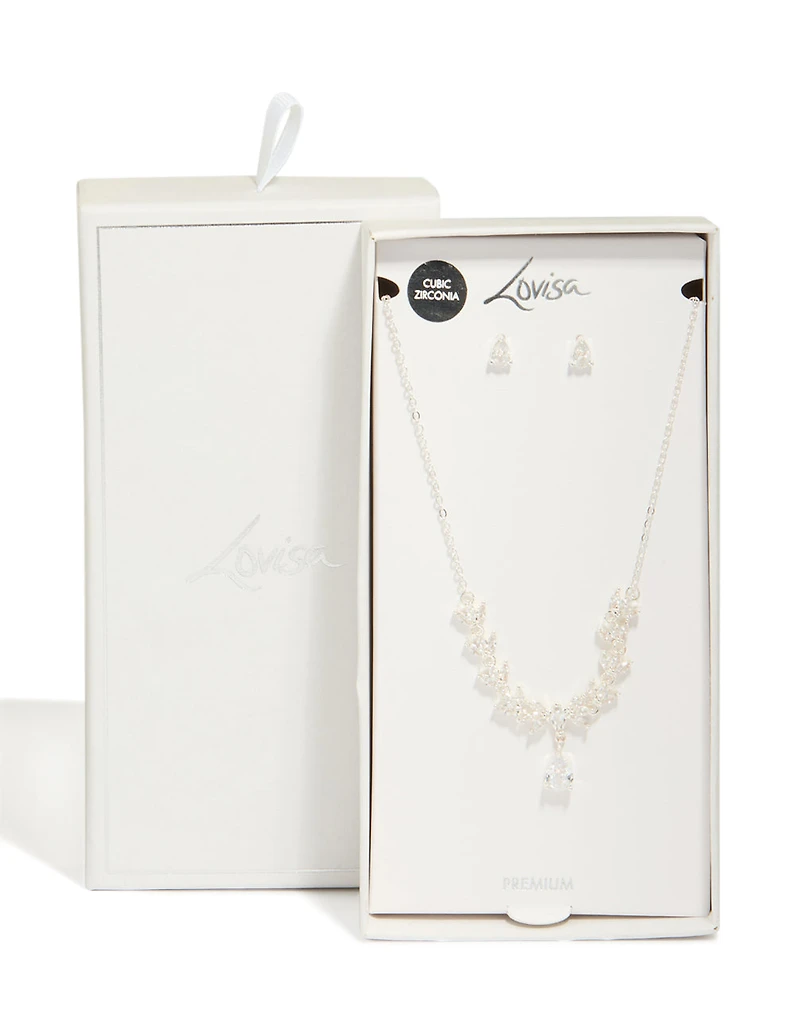 Silver Plated Cubic Zirconia Dainty Vine Drop Earrings & Necklace Jewellery Set