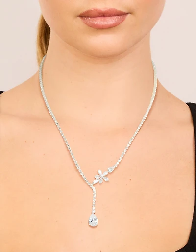 Silver Plated Cubic Zirconia Flower Cup Chain Y-Necklace