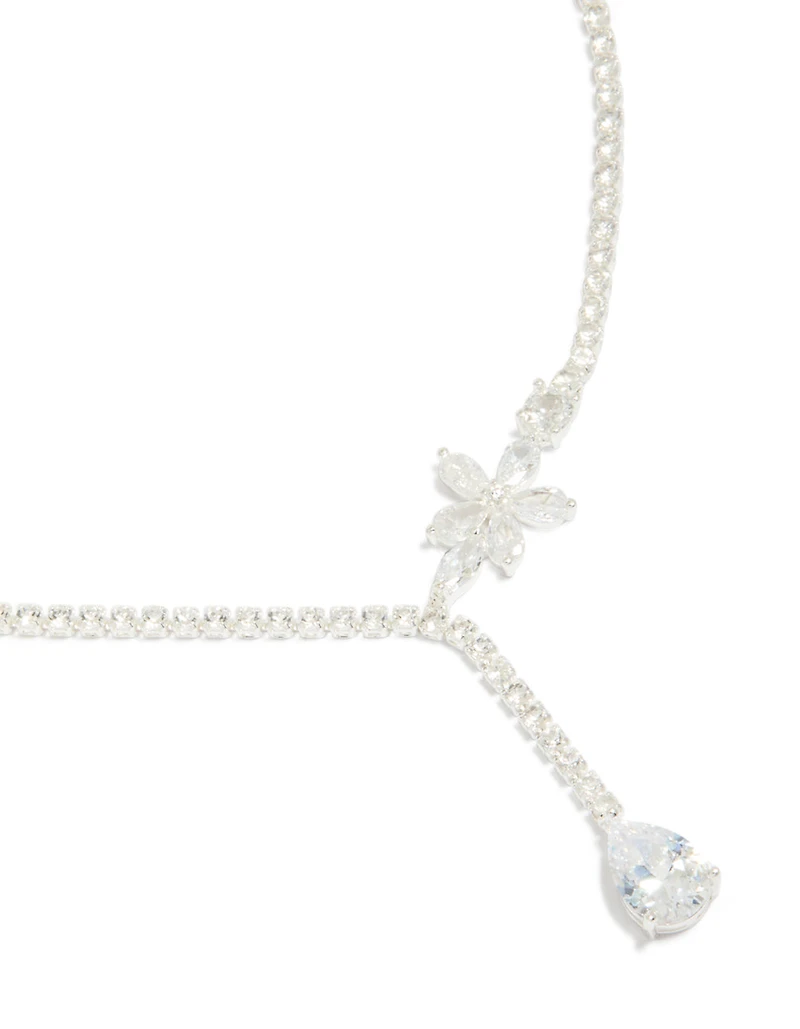 Silver Plated Cubic Zirconia Flower Cup Chain Y-Necklace
