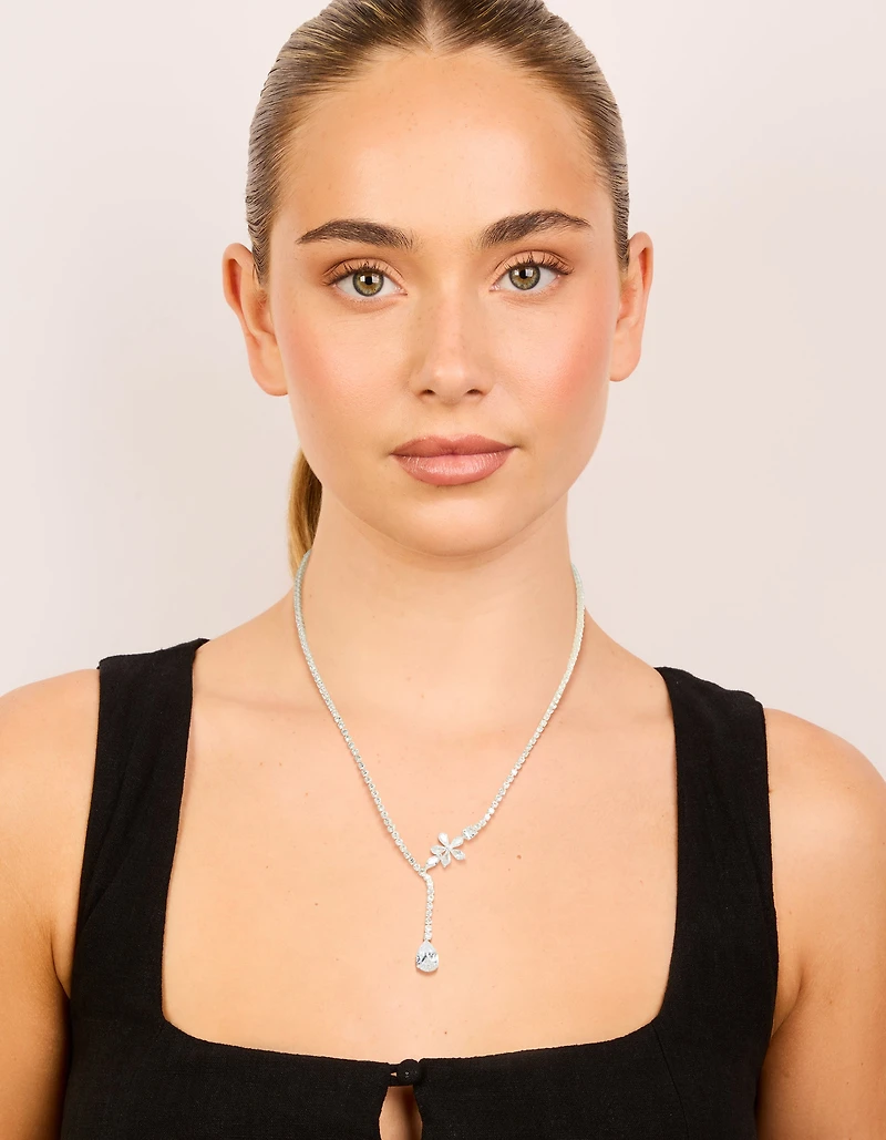 Silver Plated Cubic Zirconia Flower Cup Chain Y-Necklace