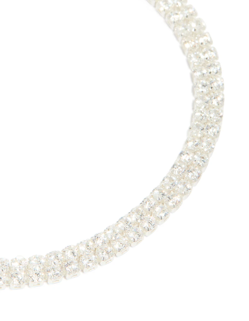 Silver Plated Cubic Zirconia Thin Tennis Layered Toggle Bracelet