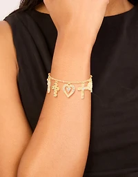 Gold Plated Diamante Large Cross & Heart Charms Bracelet