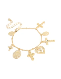 Gold Plated Diamante Large Cross & Heart Charms Bracelet