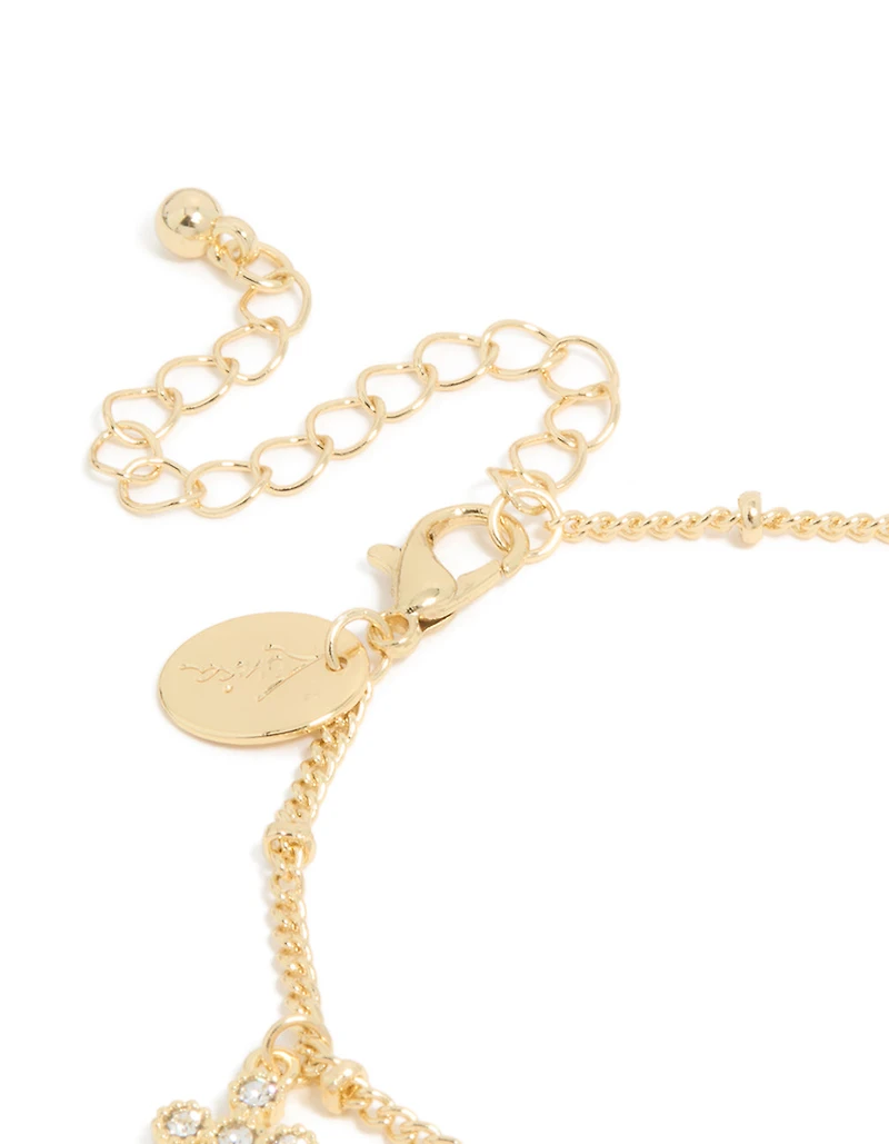 Gold Plated Diamante Large Cross & Heart Charms Bracelet