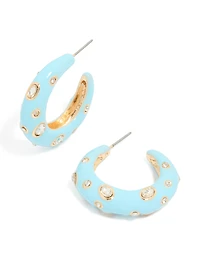 Light Blue Enamel & Diamante Dotted Open Hoop Earrings