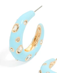 Light Blue Enamel & Diamante Dotted Open Hoop Earrings