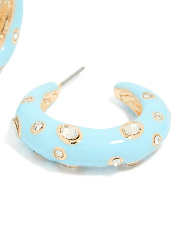Light Blue Enamel & Diamante Dotted Open Hoop Earrings