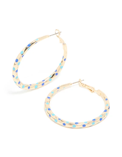 Gold Light & Dark Blue Enamel Dotted Large Thin Hoop Earrings