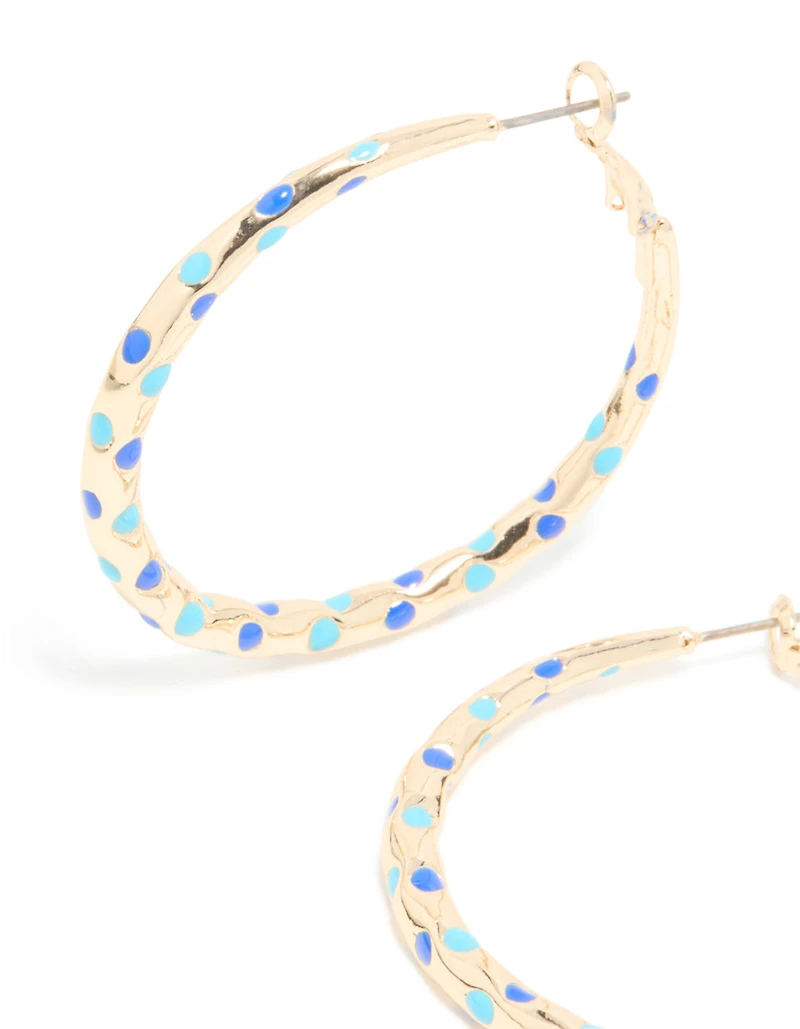 Gold Light & Dark Blue Enamel Dotted Large Thin Hoop Earrings
