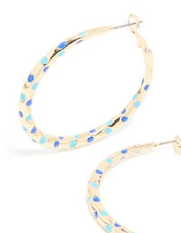 Gold Light & Dark Blue Enamel Dotted Large Thin Hoop Earrings