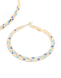 Gold Light & Dark Blue Enamel Dotted Large Thin Hoop Earrings