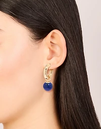 Gold & Blue Small Beaded Open Hoop Earrings