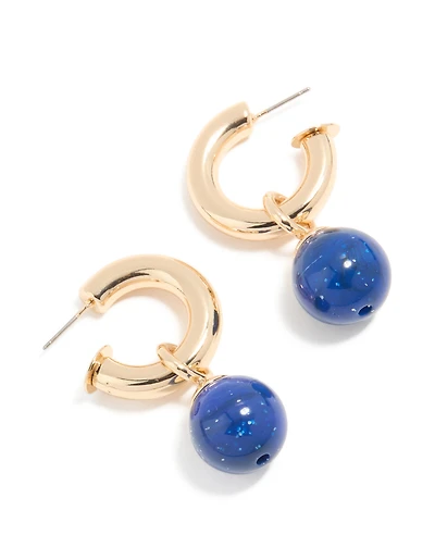 Gold & Blue Small Beaded Open Hoop Earrings