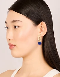 Gold & Blue Small Beaded Open Hoop Earrings