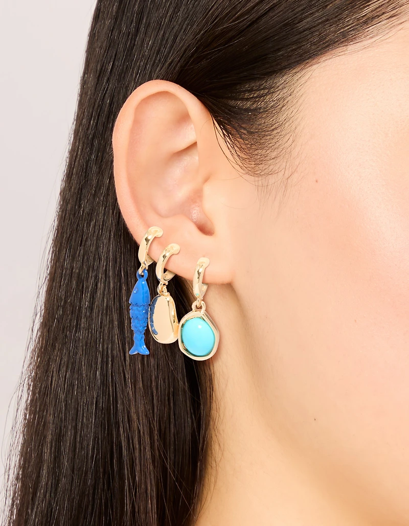 Gold Small Fish & Pebble Open Hoop Earrings 3-Pack
