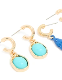 Gold Small Fish & Pebble Open Hoop Earrings 3-Pack