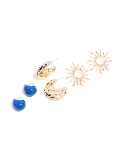 Gold Sun & Blue Acrylic Open Hoop Earrings 3-Pack