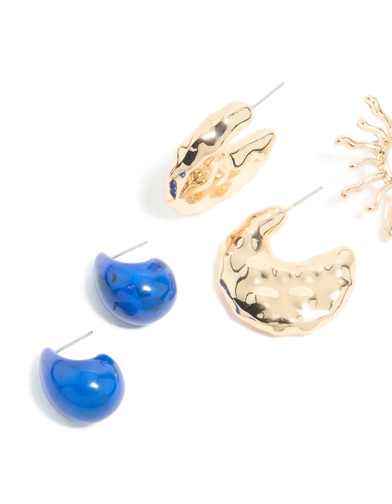 Gold Sun & Blue Acrylic Open Hoop Earrings 3-Pack
