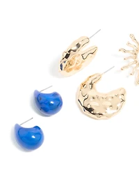 Gold Sun & Blue Acrylic Open Hoop Earrings 3-Pack