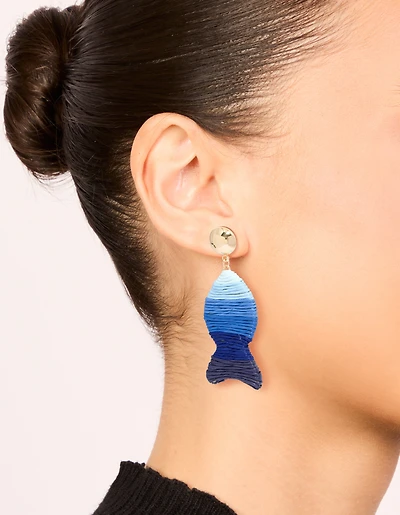 Blue Raffia Fish Stud Drop Earrings