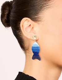 Blue Raffia Fish Stud Drop Earrings