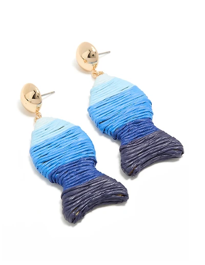 Blue Raffia Fish Stud Drop Earrings