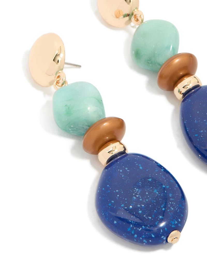 Gold Light & Dark Blue Acrylic Bead Drop Earrings