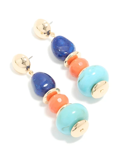 Gold Blue & Orange Acrylic Beaded Drop Stud Earrings