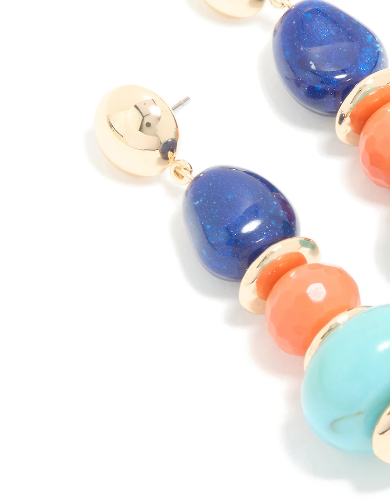 Gold Blue & Orange Acrylic Beaded Drop Stud Earrings