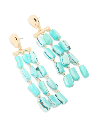 Gold Aqua Marbled Beaded Layered Drop Earrings