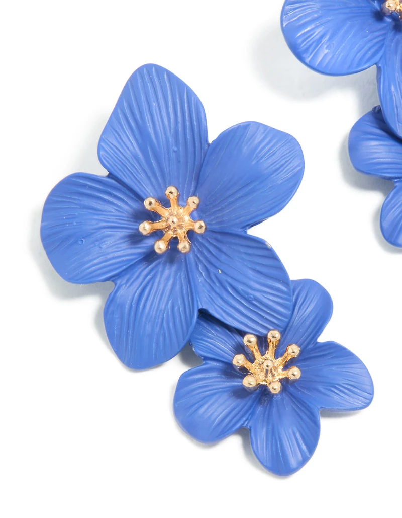 Dark Blue Double Layered Flower Drop Earrings