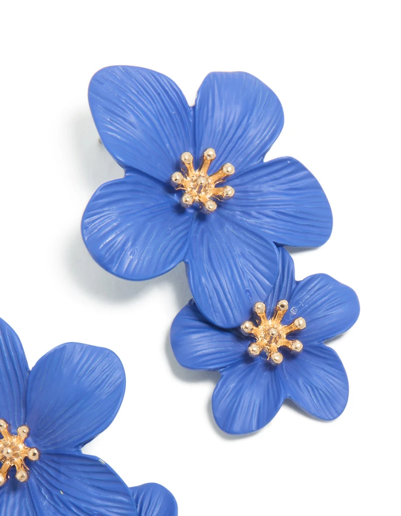 Dark Blue Double Layered Flower Drop Earrings