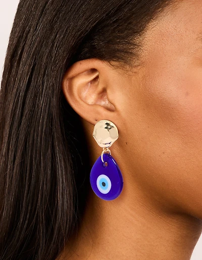 Gold Blue Acrylic Evil Eye Drop Earrings