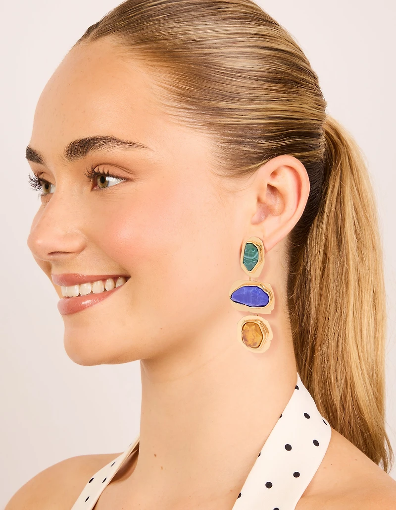 Worn Gold Blue & Green Acrylic Triple Layered Drop Earrings