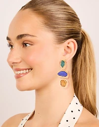 Worn Gold Blue & Green Acrylic Triple Layered Drop Earrings