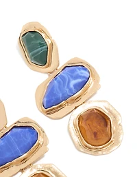 Worn Gold Blue & Green Acrylic Triple Layered Drop Earrings