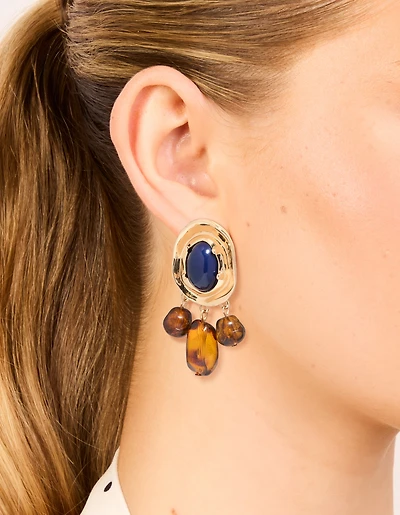 Gold Dark Blue Acrylic & Brown Beaded Medallion Drop Earrings