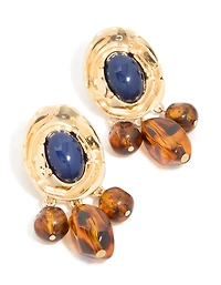 Gold Dark Blue Acrylic & Brown Beaded Medallion Drop Earrings