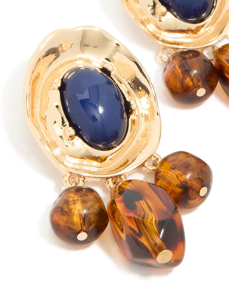 Gold Dark Blue Acrylic & Brown Beaded Medallion Drop Earrings