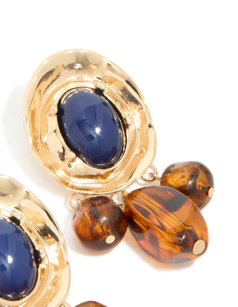 Gold Dark Blue Acrylic & Brown Beaded Medallion Drop Earrings